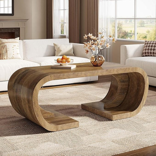 Tribesigns Farmhouse Coffee Table, 47" Heavy Duty C-Shaped Center Table with Curved Base, Large Tea Table for Living Room, Entertainment Room, Home Office, Rustic Brown