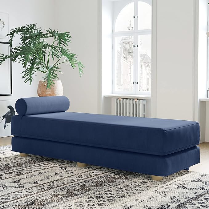 Jaxx Alon Daybed - Fold-Out Sleeper Chaise with Premium Memory Foam Queen-Size Mattress - Made in The USA - Indigo