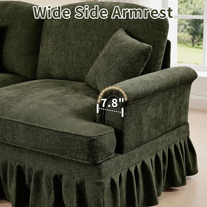 Rovibek 107” U Shaped Couch, Chenille Midcentury Modern Sofa with Detachable Ruffle Hem, Sectional Couches for Living Room with Throw Pillows & 2 Ottoman, Green