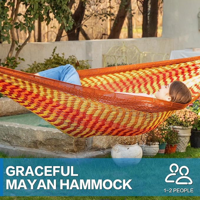 PNAEUT Handwoven Mayan Hammock, Thick Soft Rope Double Hammock for Outdoor Outside & Indoor, 600 lbs Capacity Heavy-Duty, Includes Tree Straps, Carabiners & Carrying Bag (Sunset, X-Large) - Image 3