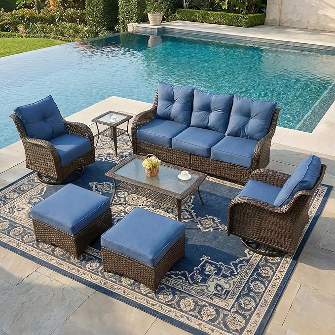 Patio Furniture Set, 7PCS Outdoor Wicker Conversation Set with 6" Thick Cushions, High Back Rattan Sofa & Swivel Rocker Chairs, Weather Resistant Olefin Fabric for Garden, Poolside, Navy Blue