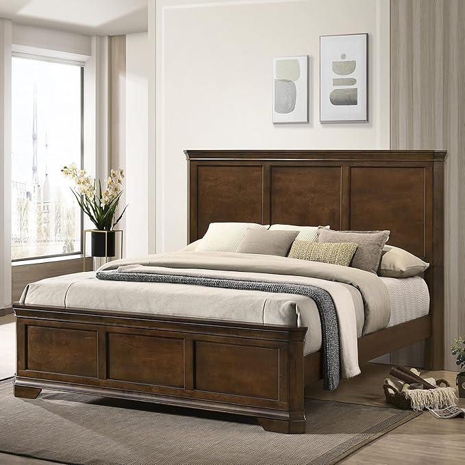 Roundhill Furniture Maderne Traditional Wood Panel Bed with Dresser, Mirror, Two Nightstands, Chest, Queen, Antique Walnut Finish