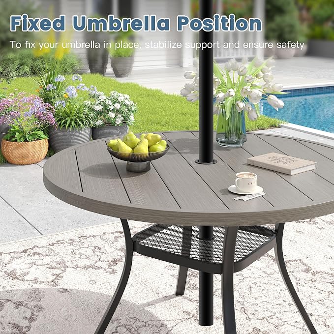 DIFY 7 Pieces Outdoor Patio Dining Set for 6, 47.2" Grey Wood-Like Round Metal Dining Table and 6 Sandshell Stackable Textilene Patio Chairs, Outdoor Table and Chairs for Backyard Garden Poolside - Image 3