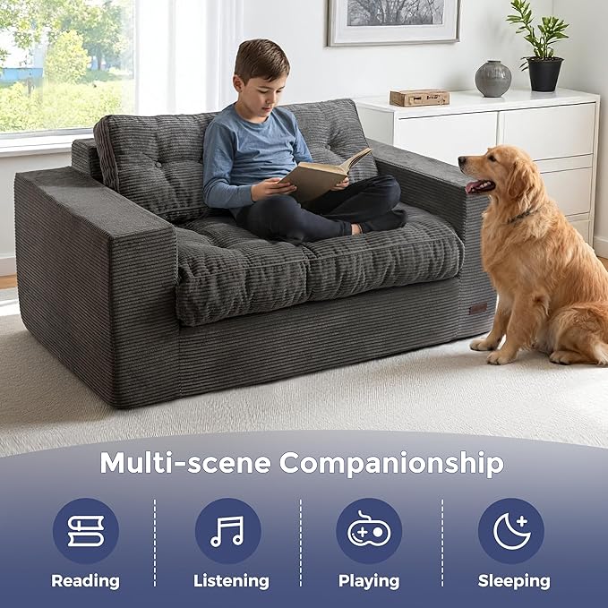 MAXYOYO Loveseat Sofa Couch, Upholstered Bean Bag Chair Cloud 2-Seat for Adults, Boneless Couch with Tufted Cushion & Pillows, Sofa in A Box, No Assembly Required, Dark Grey