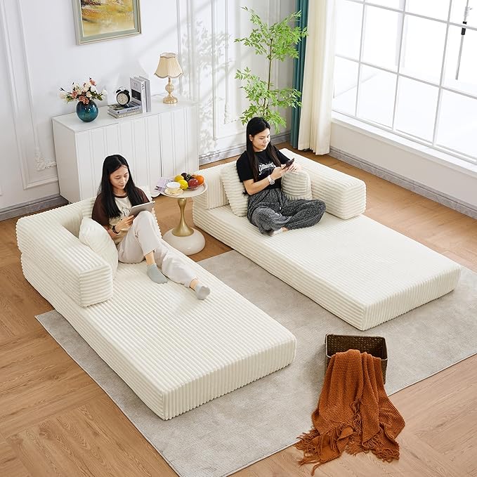 Convertible Sleeper Sofa Bed with Cylindrical Pillow, 3 in 1 Corduroy Folding Mattress Couch,Floor Sofas Lounge Couches w/Fixed-Shape Frame for Living Room,Ivory