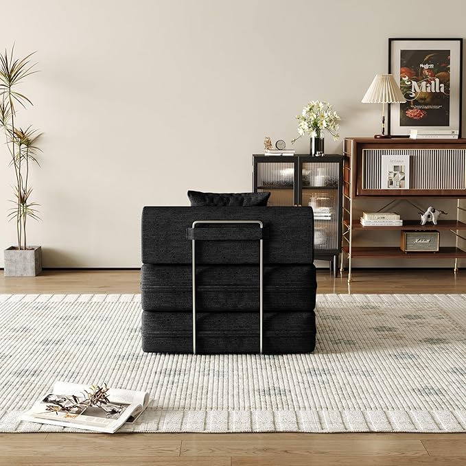 31.5'' Convertible Compressed Corduroy Folding Cloud Sofa Bed Set of 2, 2 Pieces Modern Boneless Pull Out Sleeper Sofa Couch, 3 in 1 Portable Lazy Floor Lounge Chair Set, No Assembly Needed, Black