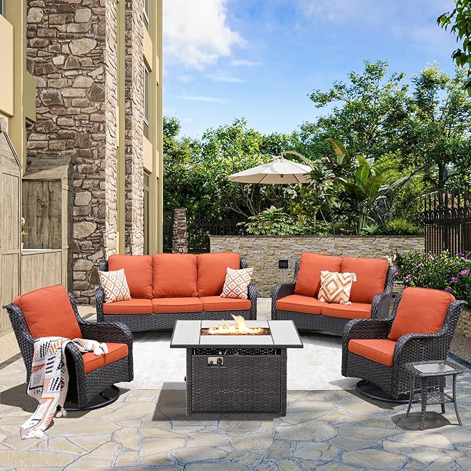 HOOOWOOO Patio Outdoor Furniture with Large Fire Pit Table,High Back 6 Piece Wicker Patio Conversation Set with Swivel Chairs,7 Person Couch Sofa Seating,Orange Red