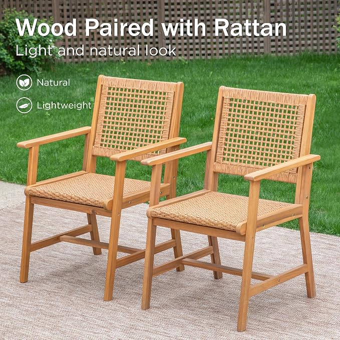 PHI VILLA Outdoor Acacia Wood Chairs Set of 2, Patio Dining Armchairs with Wicker Back & Seat, Farmhouse Style Teak Seating Furniture for Deck Yard Balcony Garden - Bright Brown - Image 8