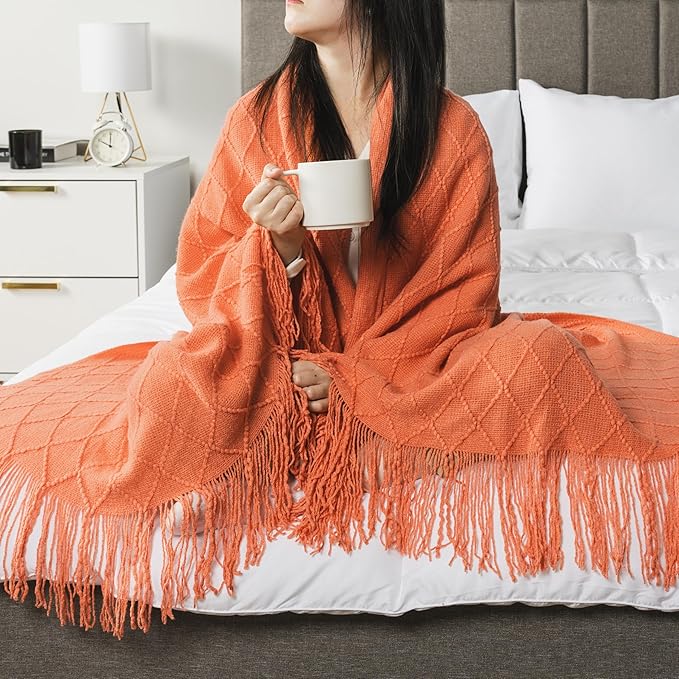 PAVILIA Coral Orange Knit Throw Blanket for Couch, Twin Bed, Soft Knitted Farmhouse Sofa Throw for Living Room, Lightweight Decorative Fall Blanket for Chair, Outdoor Textured Boho Blanket, 60x80
