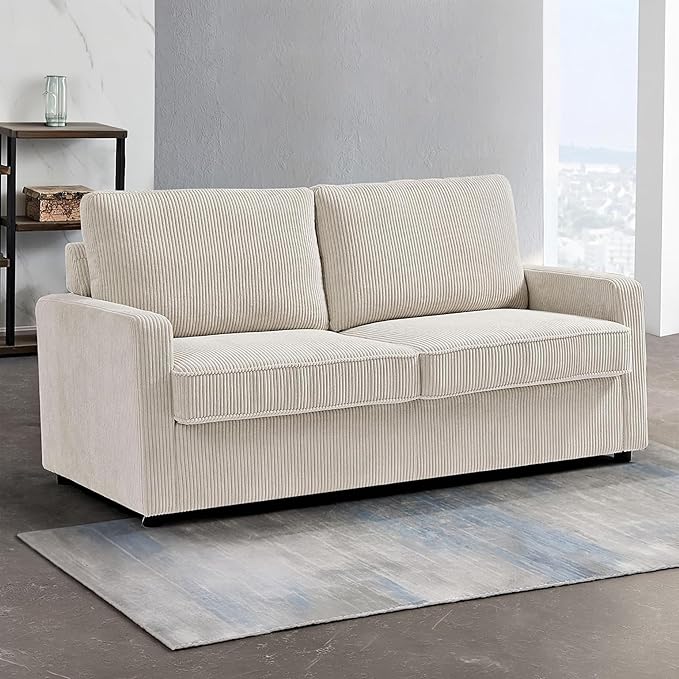 Reversible Sleeper Sofa Bed with Comfortable Memory Foam Mattress, Convertible Corduroy Full Size Pull Out Couch for Living Room, Space Saving Furniture, 70" Wide, Rectangular Arms, Ivory