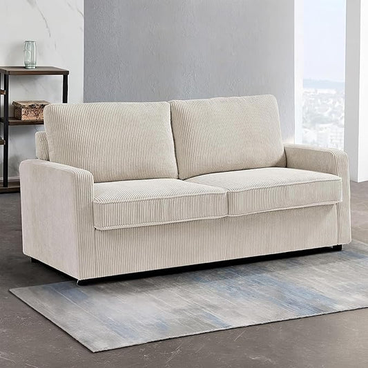 Reversible Sleeper Sofa Bed with Comfortable Memory Foam Mattress, Convertible Corduroy Full Size Pull Out Couch for Living Room, Space Saving Furniture, 70" Wide, Rectangular Arms, Ivory