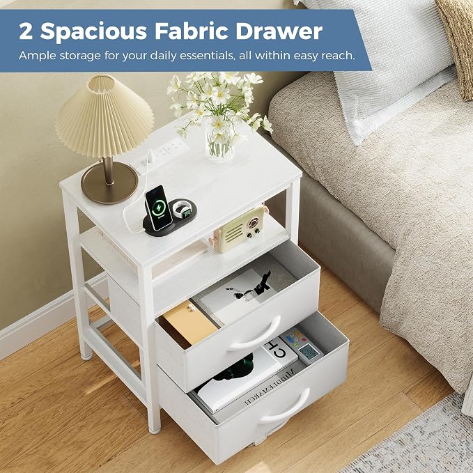 OLIXIS Nightstands Set of 2 with Charging Station, Bedside Table with USB Ports & Type-C, 2 Fabric Drawers Night Stand with Open Shelf, Compact End Table for Bedroom, White - Image 5