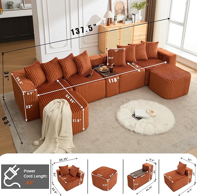 Oversized Cloud Modular Sectional Sofa Boneless Couch with Movable Ottomans,Free Combination Memory Foam Floor Couch with Charging Port & Cup Holders for Living Room | Coffee Table Board, Wireless Charge, No Assembly