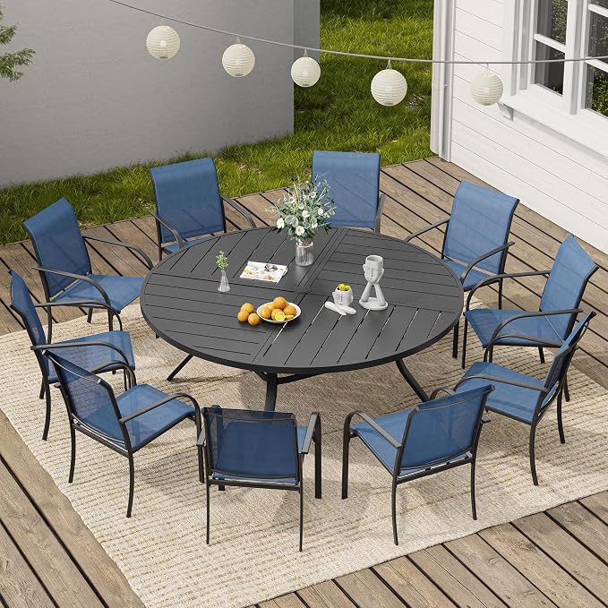 VICLLAX 11 Pieces Round Patio Dining Set, Patio Furniture Set of 10 Patio Stackable Dining Chairs and 63" Outdoor Spliced Tabletop with Umbrella Hole, Blue Chairs and Black Table by HOME