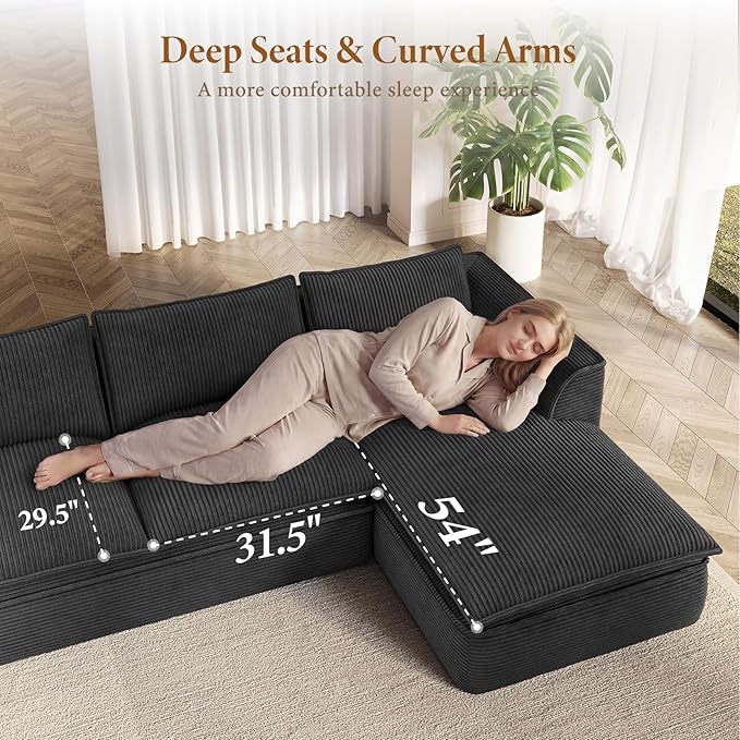 Vesgantti 141.7" Oversized Boneless Sectional Couch, 7 Seater Modular Sofa with Chaise & Ottoman & Armrest, Deep Seat Corduroy Cloud Couches for Living Room, No Assembly Required, Black