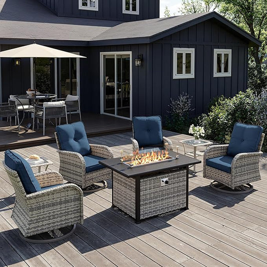 7Pcs Patio Rocking Swivel Chair with 55,000 BTU Fire Pit Table Outdoor Wicker Rattan Bistro Set with Tempered Glass Side Table, Outdoor Patio Furniture Set for Garden and Balcony, Blue
