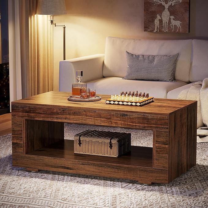 Tribesigns Wood Coffee Table for Living Room, 43.3" Modern Farmhouse Coffee Table with Storage, 2-Tier Rectangular Center Table Cocktail Living Room Table with Sturdy Base, Rustic Brown