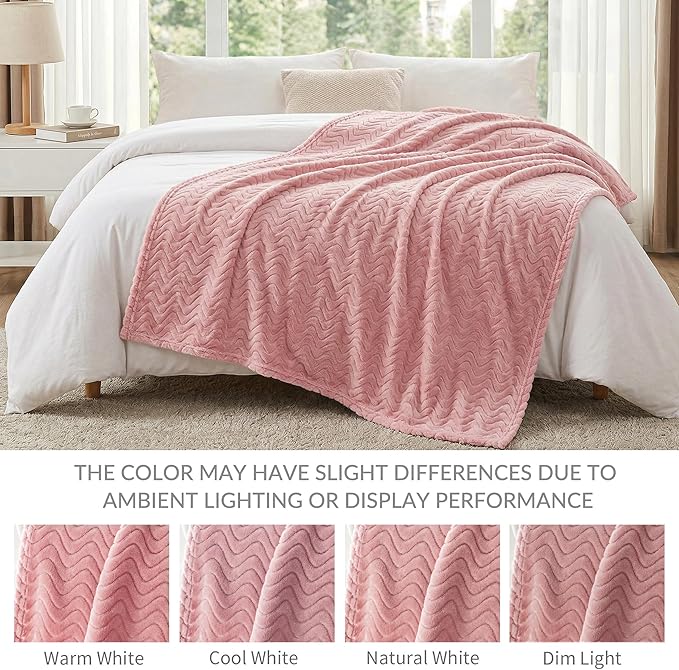 Exclusivo Mezcla Fleece Throw Blanket for Couch, Cozy Lightweight Blankets for All Season, Decorative Giftable Fuzzy Plush Wave Textured Throws for Women, Men, Pink, 50x70 Inches