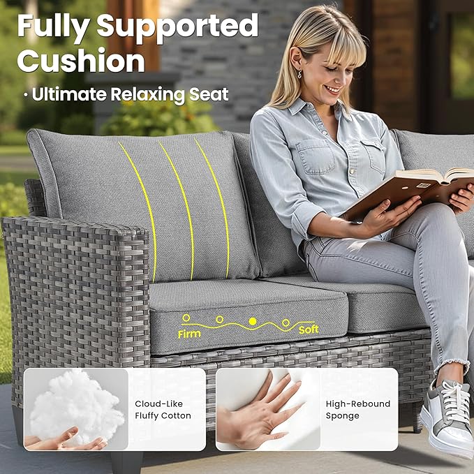 ovios 6 Pieces Patio Furniture Set with 42" Fire Pit Table, Outdoor Wicker Sofa with Comfy Cushions, All Weather High Back Rattan Couch Conversation Set, Dark Grey