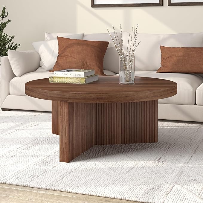 Henn&Hart 36" Fluted Round Low-Profile Coffee Table with Ribbed Pedestal Base Living Room, Family Room, or Office, Medium Walnut
