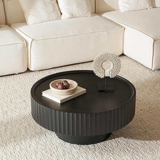 Round Coffee Table, 30.3in Modern Living Room Table, Fluted Drum Circle Tea Table with Storage, Accent Center Tables for Living Room, Apartment, Small Space(30.3''L×13.7''H) (Black)