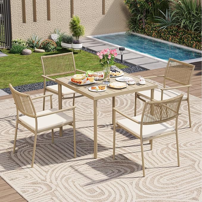5-Piece Outdoor Dining Set for 4, Rectangle Expandable Table with Umbrella Hole, 4 Wicker Rattan Chairs with Soft Cushion,Patio Dining Set, Conversation Set for Backyard, Garden & Poolside, Beige - Image 8