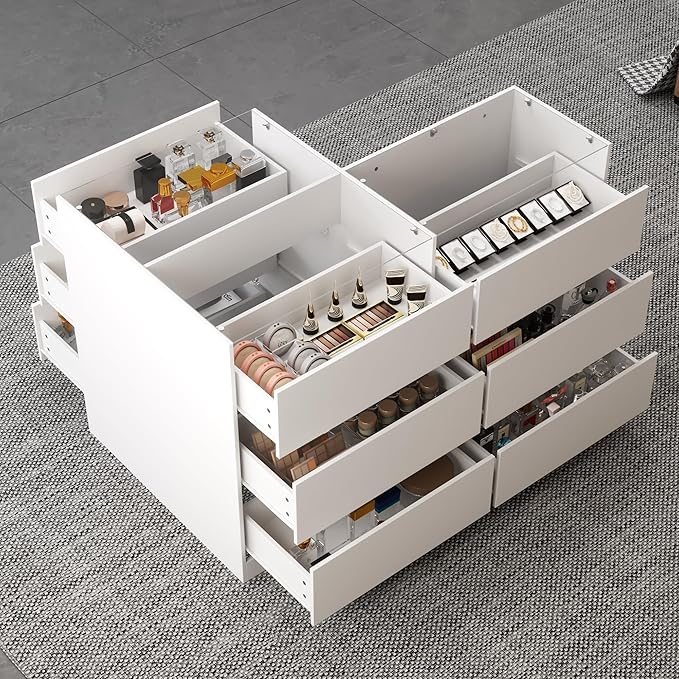 Homsee Wardrobe Armoire Closet with Bench, Walk-in Closet Island Dresser with Glass Top, 9 Drawers & Shoe Shelves, Modern Wooden Wardrobe Storage Cabinet for Bedroom, Fitting Room & Shops, White
