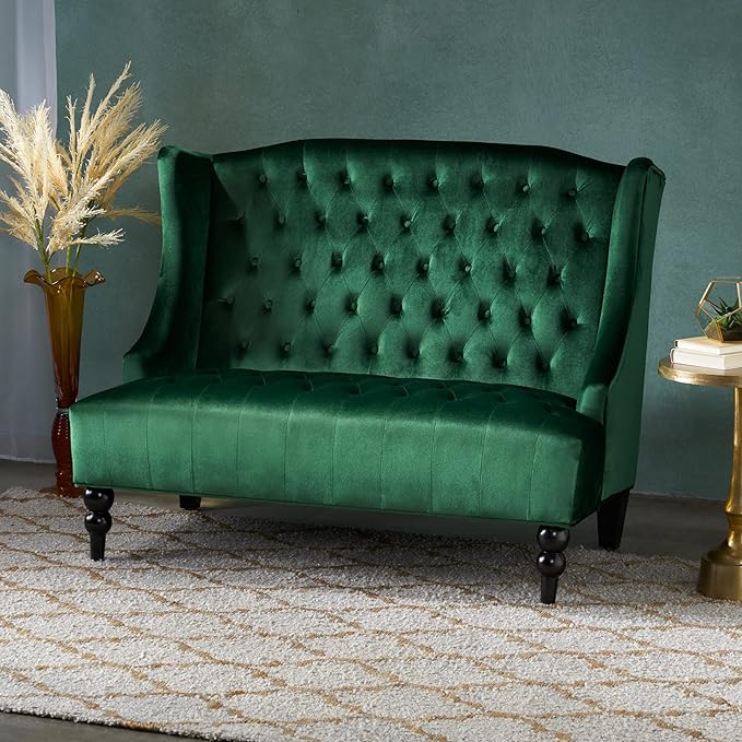 Modern Tufted Velvet Wingback Loveseat, Tufted Velvet 2 Seat Couch Sofas with High Back Thick Padded Cushioned Seats for Living Room, Victorian Style, Emerald