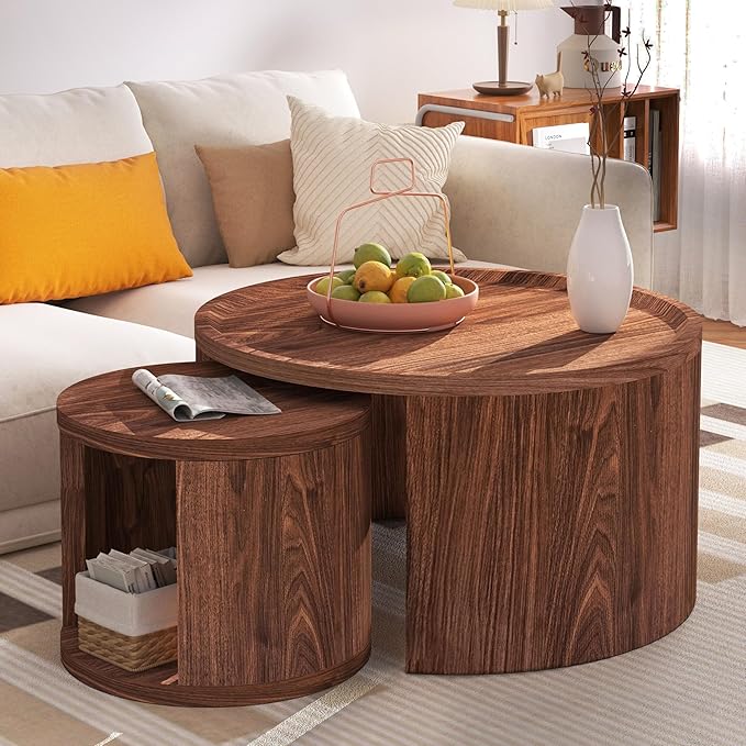 Round Nesting Coffee Table Set of 2, Mid Century Modern Circle Coffee Table, 31.5"&18" Wooden Circle Accent Tables with Wood Top, Minimalist Center Table, Space-Saving Side Table Set for Living Room