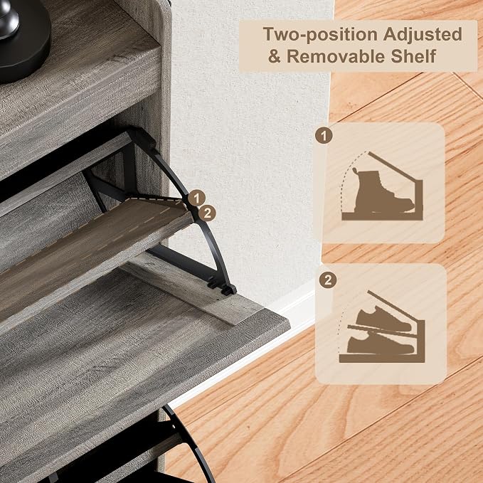 ChooChoo Shoe Storage Cabinet with 2 Flip Drawers, Deodorizing Shoe Organizer Storage for Entryway, Freestanding Hidden Slim Narrow Shoe Rack Cabinet, Grey - Image 6