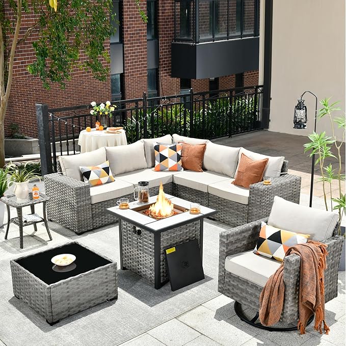 HOOOWOOO 9 Piece Modular Patio Outdoor Sectional Furniture Set with Gas Propane Fire Pit Table,Wicker Conversation Sofa Set with Swivel Chairs,Outside Couch Set(Beige)