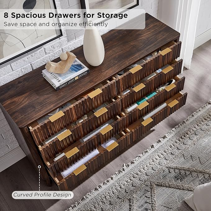 T4TREAM Fluted 8 Drawers Dresser, 54" Wide Modern Chest of Drawers, Curved Profile Design, Dresser TV Stand, Wood Drawer Organizer for Bedroom, Living Room, Hallway, Dark Walnut - Image 5