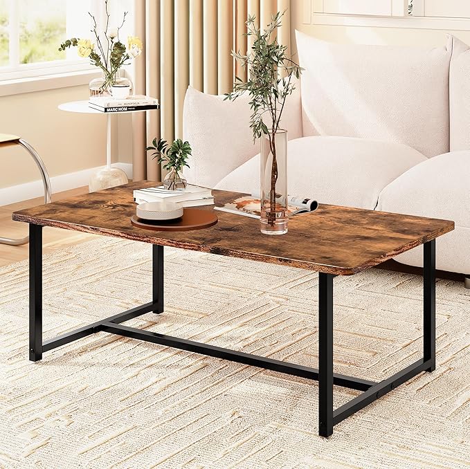 Coffee Table for Living Room, Modern Rectangular Center Coffee Tables for Small Space, Industrial Furniture, Sofa End Tables/Tea Table/Center Table, Couch Table with Metal Black Frame Rustic Brown