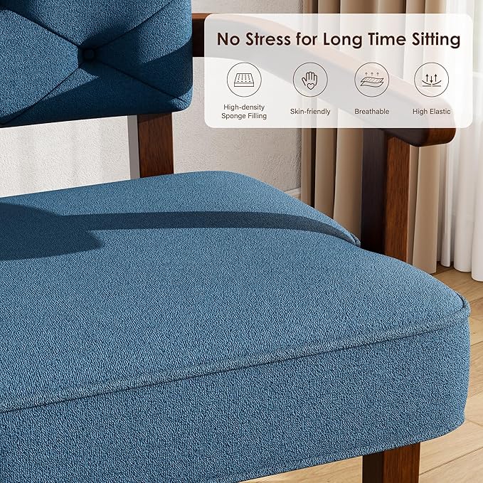 Wood Arm Chair,Upholstered Small Accent Chairs,Butacas para Sala,Mid Century Modern Accent Chair,Tufted Back, Armrest,Cushion, Side Chair for Office,Waiting/Reading/Living Room, Blue