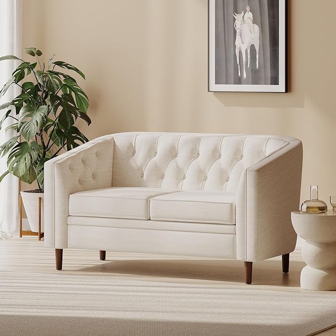 Christopher Knight Home Contemporary Tufted and Diamond Stitching Fabric Loveseat,Tub-Design 2-Seater Sofa, Removable Cushions, Birch Wood Legs, Square Arms, Beige and Espresso