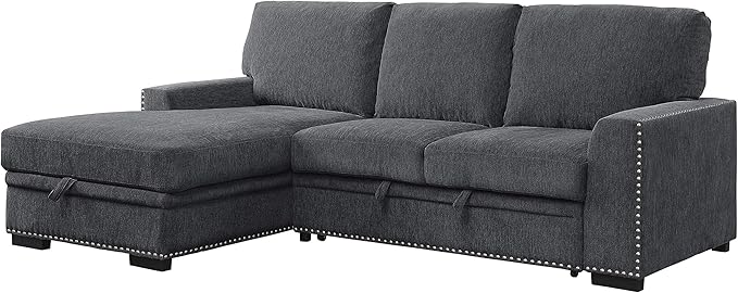 Lexicon Mid Century Modern Sectional Sleeper Sofa Bed Couch with Storage Chaise, Sectional Sofa Pull Out Couch Bed, Sectional Couch Lounge Sofa for Living Room Apartment, Left Side Chaise, Charcoal