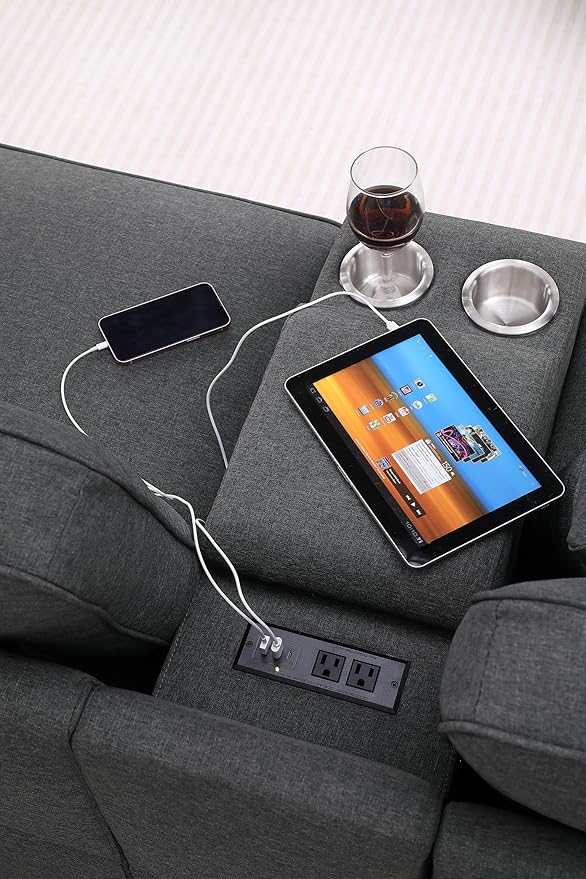 ERYE 151-Inch U-Shaped Sectional Sofa Linen Upholstered Corner Convertible Sectional,9 PCS Modular Couch with Ottoman,Storage Console, Cupholders and Charging Station