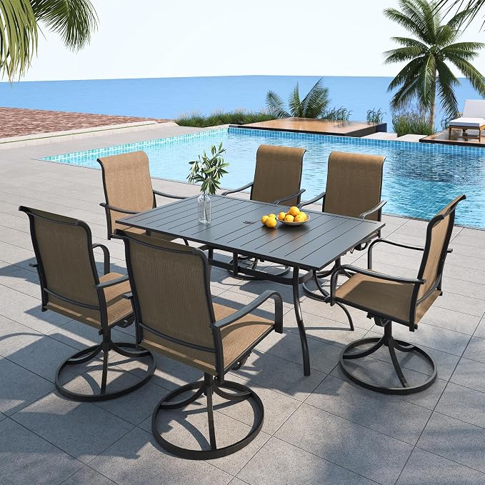 Anmutig 7-Piece Outdoor Dining Set, 6 Swivel Chairs＆63‘’ Rectangular Table All Weather Frame Furniture Set - Brown Style2 - Image 8
