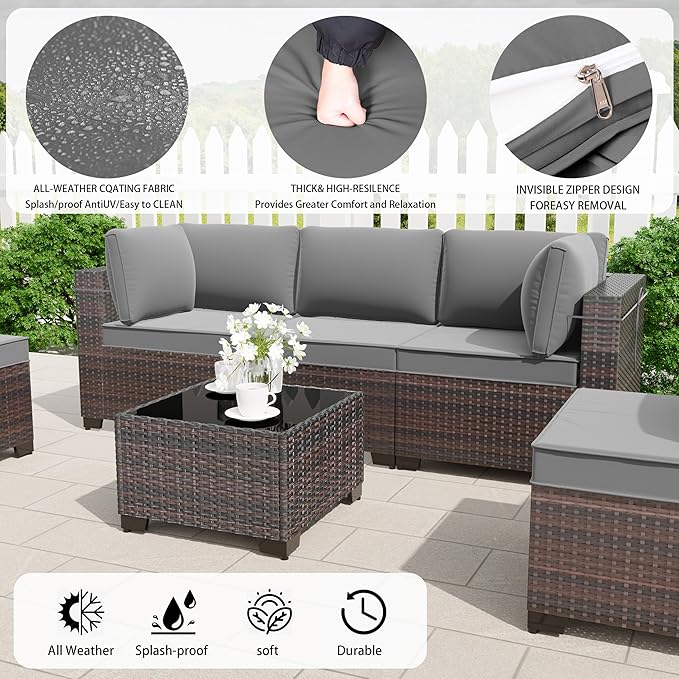 9 Pieces Outdoor Patio Furniture Set,Outdoor Sectional Furniture All Weather PE Rattan Wicker Patio Conversation Set with Coffee Table and 8 Thickened Cushions,Grey