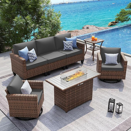 UDPATIO Patio Furniture Set with Fire Pit Table, Rocking Swivel Chairs, 5 Pieces Outdoor Furniture Sets, All-Weather Wicker Outdoor Sectional Sofa with Waterproof Cover, 4'' Thickened Cushion, Grey