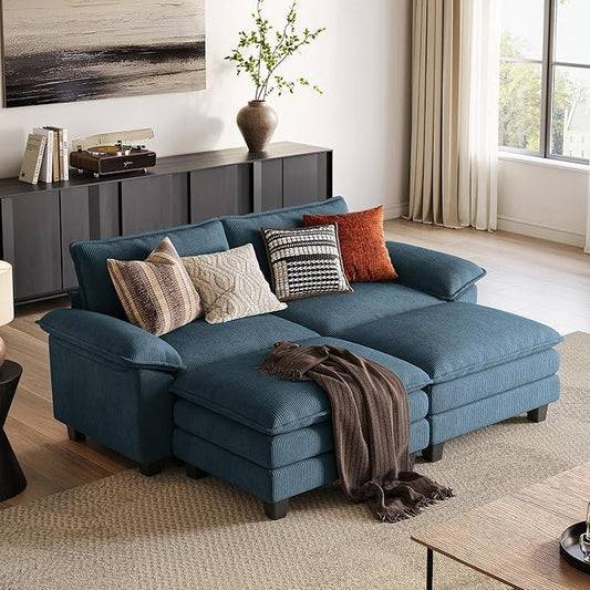 LINSY HOME Modular Sectional Sofa - Oversized Corduroy Cloud Couch with Movable Ottoman Soft Modern Comfy Sofa Set for Living Room Apartment Office, Blue