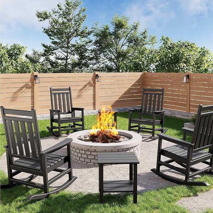 Garvee HDPE Rocking Chair Outdoor Set of 4 with 2 Side Table - Poly High Back Porch Rocker Chairs for Adults - All Weather Resistant Furniture for Patio Front Porch - Black by Garvee