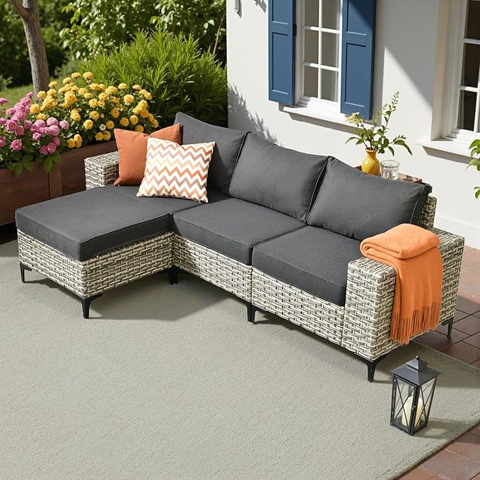 HOOOWOOO Outdoor Sectional Furniture Set,4 Pieces Wicker Patio Conversation Sets,L Shape All Weather Outside Couch Sofa with Ottoman,Black