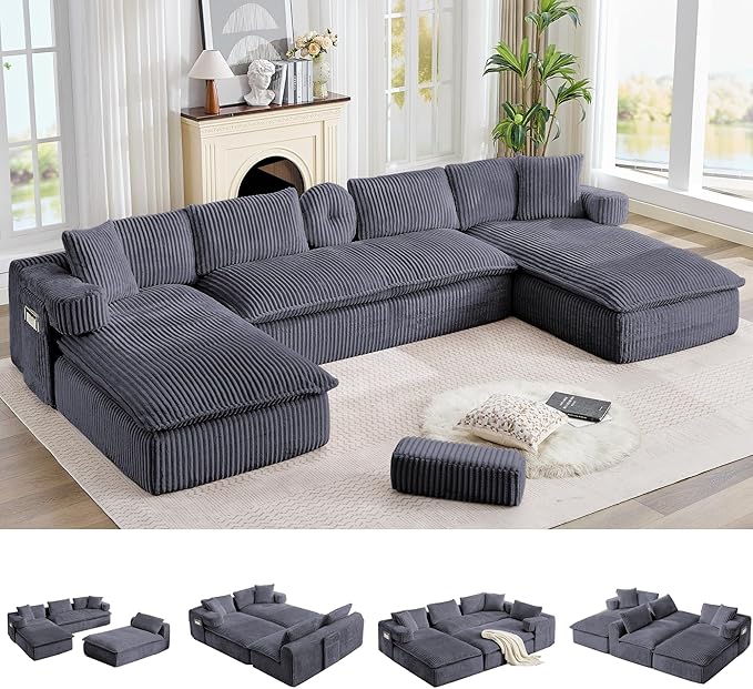 149" Oversized U Shaped Cloud Modular Sectional Sofa Boneless Couch with Double Chaise,Free Combination Convertible Floor Sofa Bed with Storage Pockets and Pillows | No Assembly