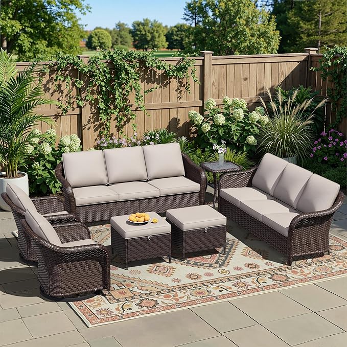 7 Piece Patio Wicker Conversation Set, 2 All-Weather Use Outdoor Wicker Sofa with 2 PE Rattan Ottomans,2 Swivel Chair, 1 Side Table, Ideal for Porch, Backyard, Balcony, Poolside, Beige