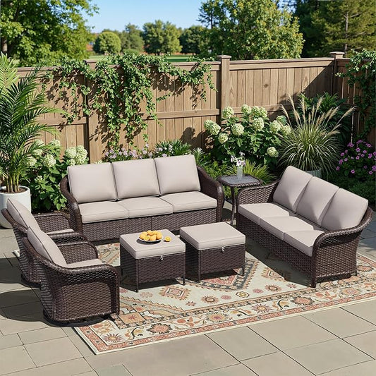 8 Piece Patio Wicker Conversation Set, All-Weather Use Outdoor Wicker Sofa with 2 PE Rattan Ottomans,4 Swivel Chair, 1 Side Table, Ideal for Porch, Backyard, Balcony, Poolside, Beige