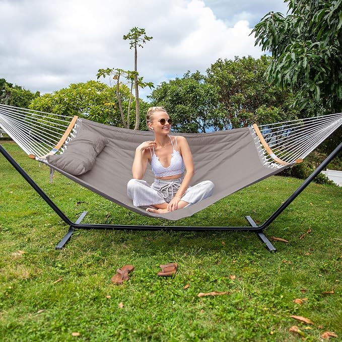 SUNCREAT Hammocks Portable Hammock with Frame, Backyard Double Hammock with Curved Spreader Bar, Brown - Image 2