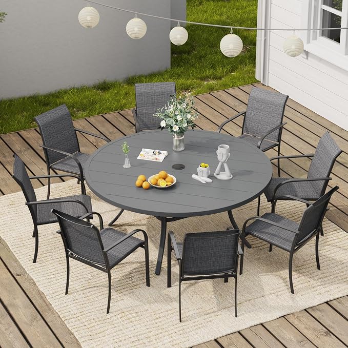 VICLLAX Round Outdoor Dining Set, Patio Table and Chairs Set Set of 8 Patio Stackable Chairs and 53" Outdoor Round Table with Umbrella Hole for Lawn Garden, Dark Grey Chairs and Dark Grey Table by HOME