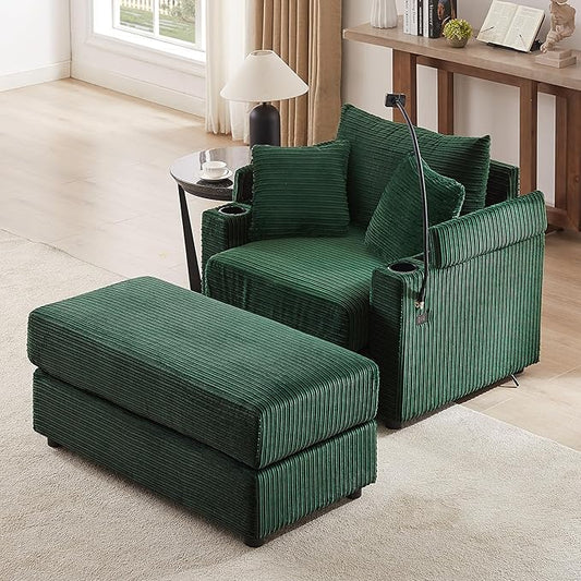 Merax Modern Corduroy Single Sofa with Ottoman, Two USB Ports & Cup Holders, Small Couch with Pillows & Phone Holder for Living Room Green