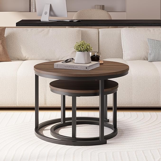 HOJINLINERO Round Coffee Table,Nesting Coffee Table Set of 2,Center Tables for Living Room,Office, Home Small Space,Stacking Side Tables,Sturdy and Easy Assembly,Wood Desktop,Walnut+Black,Large